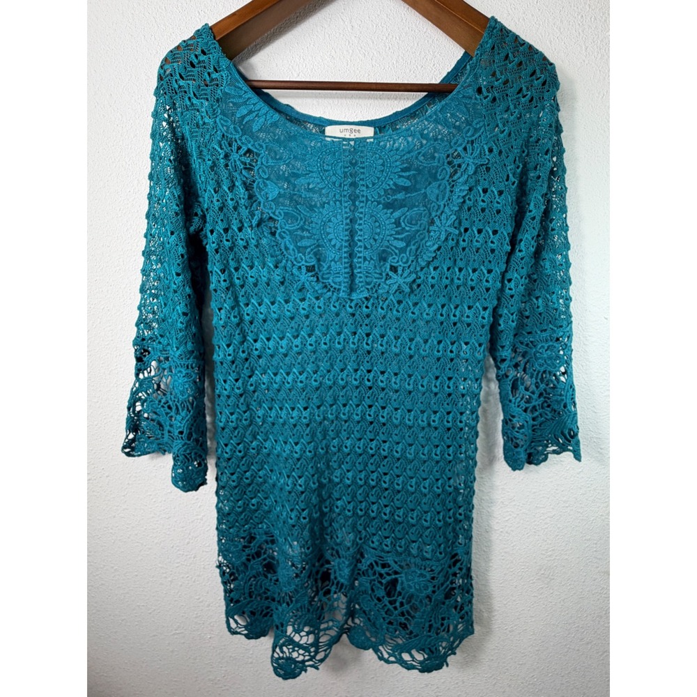 Umgee Women Tunic Top Teal Blue Medium Crochet Lace Boho Coastal Festival Hippie